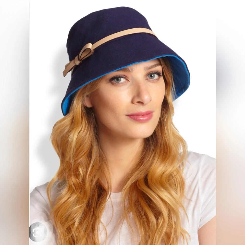 NWT Kate Spade Hats Off Bucket Hat Bonded Canvas Navy Blue Tan Leather Trim - Picture 11 of 12